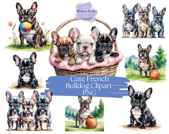 May include: A digital clipart set featuring cute French Bulldog illustrations. The set includes images of French Bulldogs in various poses, including sitting, standing, and playing with a ball. The illustrations are done in a watercolor style and are perfect for use in digital projects.