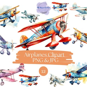 12 Vintage Airplane Clipart Set - Biplane, Retro & Light Plane Vector - Instant Download