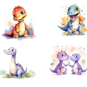 Puede incluir: Cuatro ilustraciones de acuarela de dinosaurios de dibujos animados. El primer dinosaurio es naranja y rojo con una gran sonrisa. El segundo dinosaurio es azul con una gran sonrisa. El tercer dinosaurio es morado con un cuello largo. El cuarto dinosaurio es morado con una cola larga y sostiene una flor.