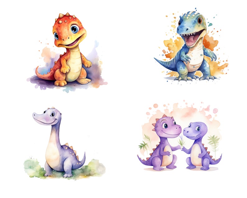 Puede incluir: Cuatro ilustraciones de acuarela de dinosaurios de dibujos animados. El primer dinosaurio es naranja y rojo con una gran sonrisa. El segundo dinosaurio es azul con una gran sonrisa. El tercer dinosaurio es morado con un cuello largo. El cuarto dinosaurio es morado con una cola larga y sostiene una flor.