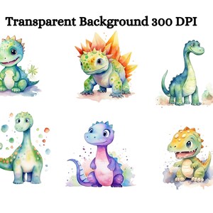 Puede incluir: Seis ilustraciones de acuarela de dinosaurios de dibujos animados con diferentes colores y poses. Los dinosaurios son verdes, azules, amarillos, naranjas y rosas.