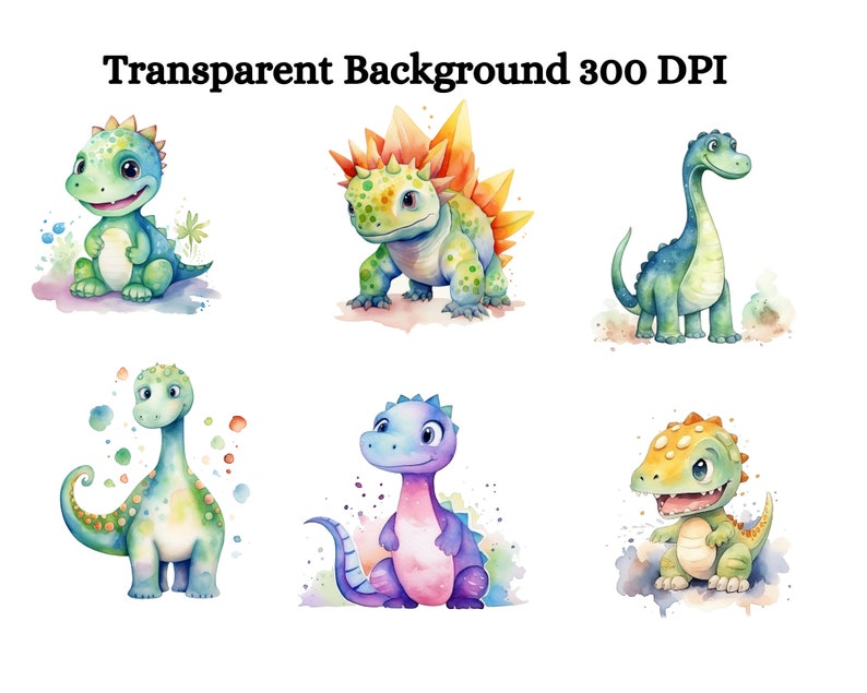 Puede incluir: Seis ilustraciones de acuarela de dinosaurios de dibujos animados con diferentes colores y poses. Los dinosaurios son verdes, azules, amarillos, naranjas y rosas.