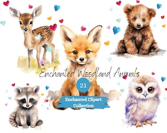 Puede incluir: Un conjunto de 21 ilustraciones de animales del bosque en acuarela, que incluyen un zorro, un ciervo, un mapache, un oso y un búho. Los animales están rodeados de corazones de varios colores.