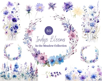 50 Purple Flower Clipart, Flower clipart, Watercolor Flower, Purple Flower Background, Instant download, PNG, Flower Border, Commercial Use