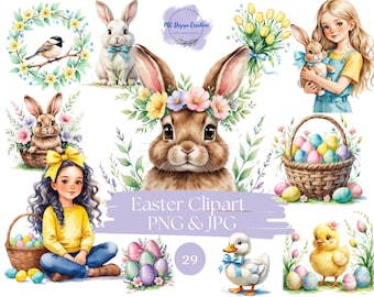 Clipartbundel aquarel Pasen: konijntje, mandje, lente kinderkamerkunst