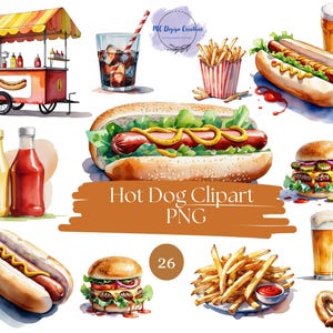 Clip Art de Cachorro-Quente, Ilustração de Cachorro-Quente, Download Digital para Scrapbooking, Fast Food, Página para Colorir, Carimbo Digital PNG