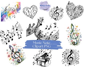 13 SVG-filer med musiknoter för Cricut – Direktnedladdning – Clipart med musiknoter – Högkvalitativa PNG-filer för hantverk – Perfekt för Cricut-projekt