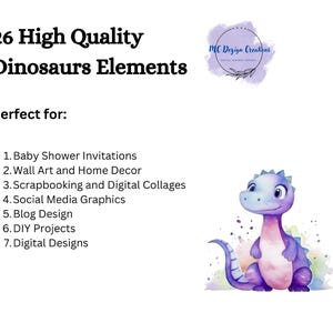 Puede incluir: 26 Elementos de Dinosaurios de Alta Calidad. Perfecto para: Invitaciones de Baby Shower, Arte de Pared y Decoraci&oacute;n del Hogar, Scrapbooking y Collages Digitales, Gr&aacute;ficos de Redes Sociales, Dise&ntilde;o de Blog, Proyectos de Bricolaje, Dise&ntilde;os Digitales. Una ilustraci&oacute;n de acuarela de un dinosaurio morado y rosa sobre un fondo azul claro.