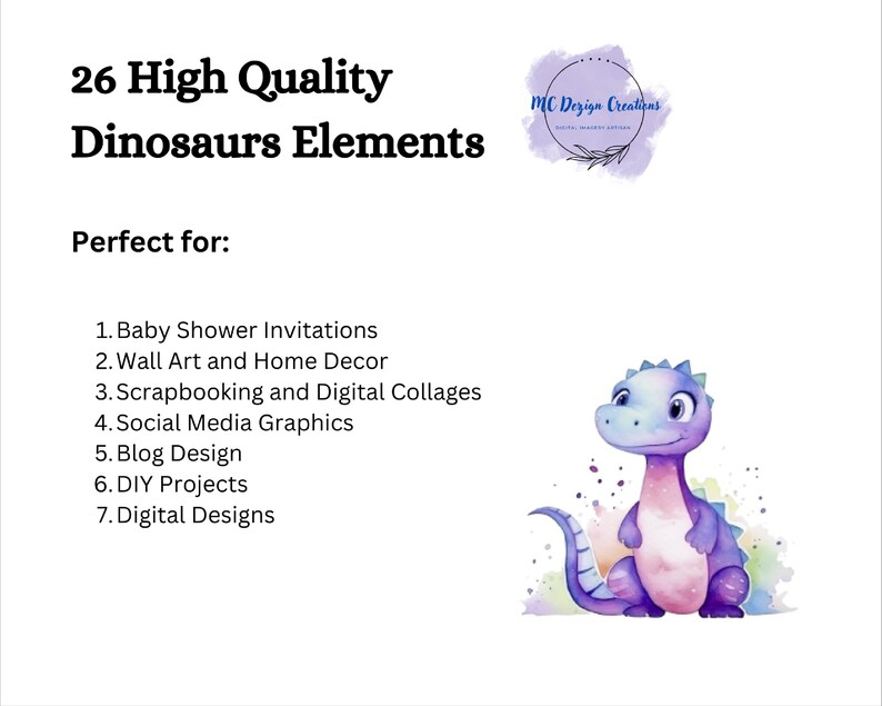 Puede incluir: 26 Elementos de Dinosaurios de Alta Calidad. Perfecto para: Invitaciones de Baby Shower, Arte de Pared y Decoraci&oacute;n del Hogar, Scrapbooking y Collages Digitales, Gr&aacute;ficos de Redes Sociales, Dise&ntilde;o de Blog, Proyectos de Bricolaje, Dise&ntilde;os Digitales. Una ilustraci&oacute;n de acuarela de un dinosaurio morado y rosa sobre un fondo azul claro.