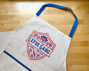 New Lefse Gang Apron. Blue and Red on Natural Cotton Flour Sack Kitchen Apron. Made in the Midwest.