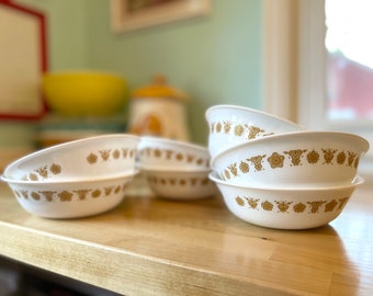 Set of 7 Corelle Butterfly Gold Dinnerware Bowls, 1970