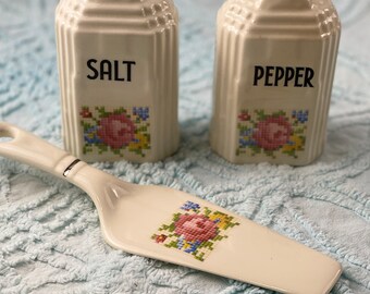 Vintage 1930s Harker Pottery Ceramic Cottagecore Salt and Pepper Shakers and Pie Server