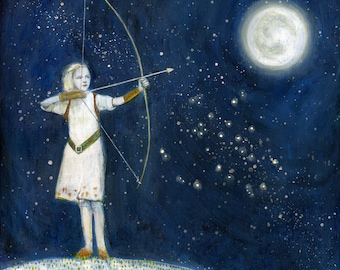 Tricia Scott print of The Huntress, girl with a bow and arrow, full moon, shoot for your dreams