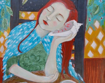 Tricia Scott print "Listening" girl with a shell to her ear, nature, messages, ocean magic