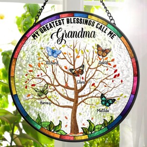 Personalized Butterfly Birth Flowers Stained Glass Suncatcher, Grandma&#39;s Favorite Garden Birth Month Flower, Mother&#39;s Day, Gift For Mom