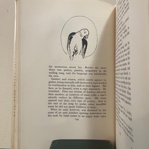 May include: Open book with text and a black and white illustration of a parrot inside a circle. The text describes a mysterious secret and the parrot's rapt expression.