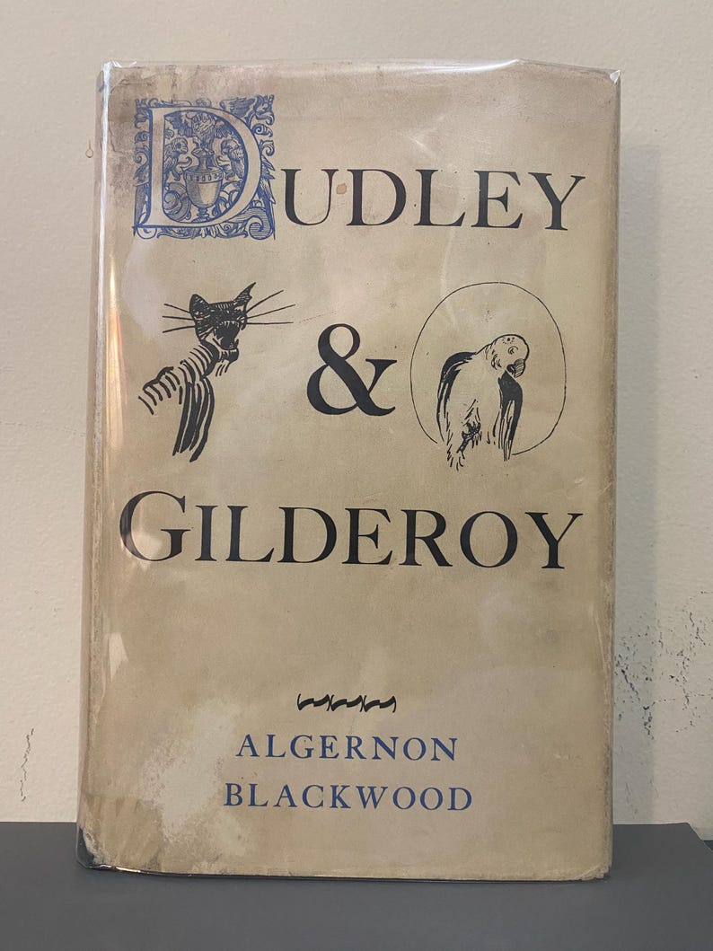 May include: A vintage book titled "Dudley & Gilderoy" by Algernon Blackwood. The cover features illustrations of a cat and a parrot, with the title in large, dark blue letters. The book is wrapped in clear plastic.