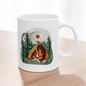 Camping Mug, origami Art Mug, Camper Gift, Camping girl Mug, Camping Gift, Ceramic Mug, Camper Gift for women, Unique Camping Gift