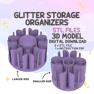 Może przedstawiać: Dwa fioletowe organizery na brokat wydrukowane w 3D z centralnym cylindrem i zakrzywionymi przegródkami. Tekst głosi: GLITTER STORAGE ORGANIZERS, STL FILES, 3D MODEL, DIGITAL DOWNLOAD, 2 x STL FILE, 1 x INSTRUCTION PDF, LARGER SIZE, SMALLER SIZE.