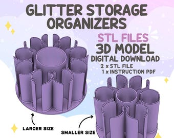 May include: Two purple 3D printed glitter storage organizers with a central cylinder and surrounding curved compartments. Text reads: GLITTER STORAGE ORGANIZERS, STL FILES, 3D MODEL, DIGITAL DOWNLOAD, 2 x STL FILE, 1 x INSTRUCTION PDF, LARGER SIZE, SMALLER SIZE.