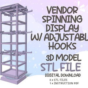 STL file for 3D model printing Versatile Spinning Rack with Hooks, Vendor Spinny Display, Pop Up Market displays, Artist Alley Displays