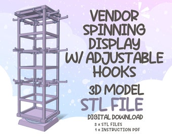 STL file for 3D model printing Versatile Spinning Rack with Hooks, Vendor Spinny Display, Pop Up Market displays, Artist Alley Displays