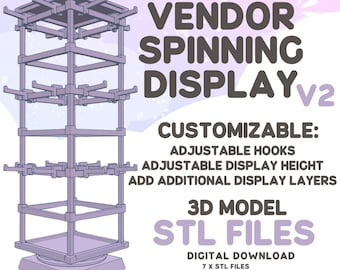 May include: A 3D model STL file download for a customizable spinning display stand. The stand is made of wood and has adjustable hooks and height. The model includes 7 STL files and 1 instruction PDF.
