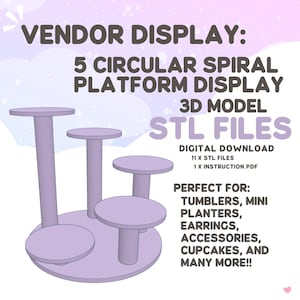 May include: A 3D model STL file download for a 5-tier circular spiral platform display. The display is perfect for showcasing small items like tumblers, mini planters, earrings, accessories, cupcakes, and more.