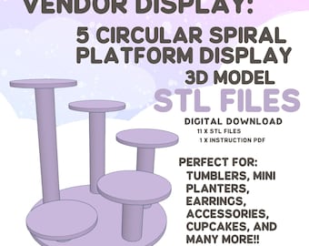 May include: A 3D model STL file download for a 5-tier circular spiral platform display. The display is perfect for showcasing small items like tumblers, mini planters, earrings, accessories, cupcakes, and more.