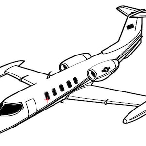 May include: Line art illustration of a private jet, depicted in black and white. The aircraft features a sleek fuselage, wings, and tail, with visible engines and windows. The design is clean and detailed, suitable for coloring or graphic applications.