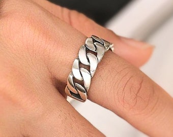 Cuban Link Ring in 925 Sterling Silver | Adjustable Silver Ring for Men/Women | Unisex Jewelry | Mother Day Gift | Father Day Gift