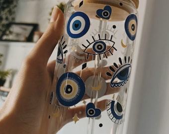 Taza de vidrio - Energía azul, taza de café con hielo con tapa y pajita, vaso de cerveza, Glass Cup