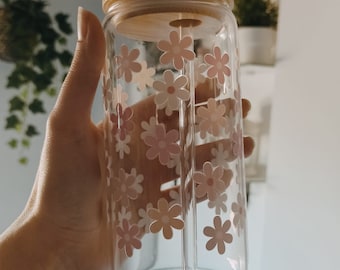 Taza de vidrio - Floral, taza de café con hielo con tapa y pajita, vaso de cerveza, Glass Cup