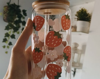 Taza de vidrio - Fresitas, taza de café con hielo con tapa y pajita, vaso de cerveza, Glass Cup