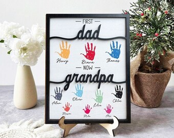 First Dad Now Grandpa - Personalized Wooden Plaque, Custom Wooden Plaque, Gift For Dad, Gift For Grandpa, Fathers Day Gift, Handprint Family