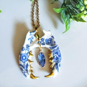 Blue and White Floral Mink Jawbone Pendant Necklace