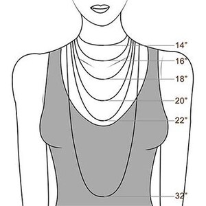 May include: Illustration showing necklace lengths on a woman's torso. The necklaces range from 14 inches to 32 inches in length. The image is a line drawing in black and white, with measurements clearly labeled.