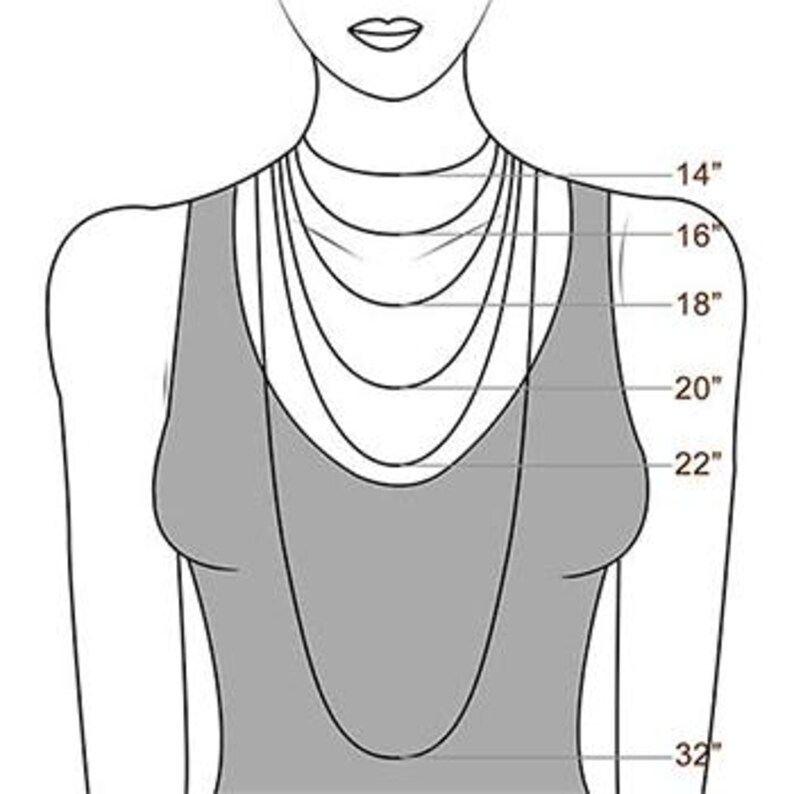May include: Illustration showing necklace lengths on a woman's torso. The necklaces range from 14 inches to 32 inches in length. The image is a line drawing in black and white, with measurements clearly labeled.