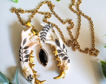 Gold and Black Mink Jawbone Pendant Necklace
