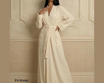 Stone Creme Cotton Blend Floor Length Robe, Soft Luxury Bridal Loungewear