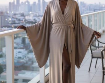 Bata de lujo de modal, bata de descanso con mangas tipo kimono, extra larga hasta el suelo.