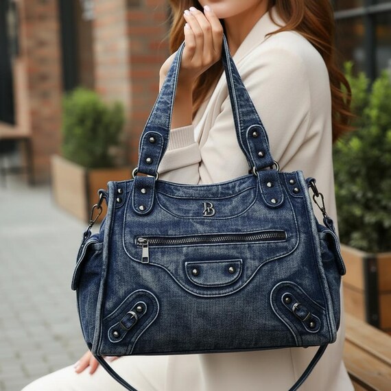 Vintage Washed Denim Crossbody Purse Handmade Slouchy Blue Jean Bag Soft Structured Everyday Carry, travel purse