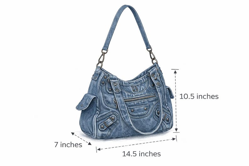 K&ouml;nnte beinhalten: Eine blaue Handtasche aus Denim mit einem einzelnen Schulterriemen, Metallbeschl&auml;gen und mehreren Au&szlig;entaschen. Die Tasche misst 36,83 cm in der Breite, 17,78 cm in der Tiefe und 26,67 cm in der H&ouml;he, wie auf den Ma&szlig;angaben zu sehen.