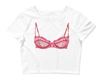 Red Bra Lingerie Aesthetic Printed Cotton Crop Top - Free Shipping