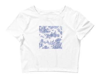 Blue Toile Cottagecore Printed Cotton Crop Top