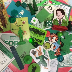 Vintage Game Pieces 40+, Collage, Altered Art, repurpose, reuse, Assemblage, Mixed Media, Green, Monochromatic