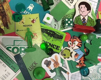 Vintage Game Pieces 40+, Collage, Altered Art, hergebruik, Hergebruik, Assemblage, Mixed Media, Groen, Monochromatisch