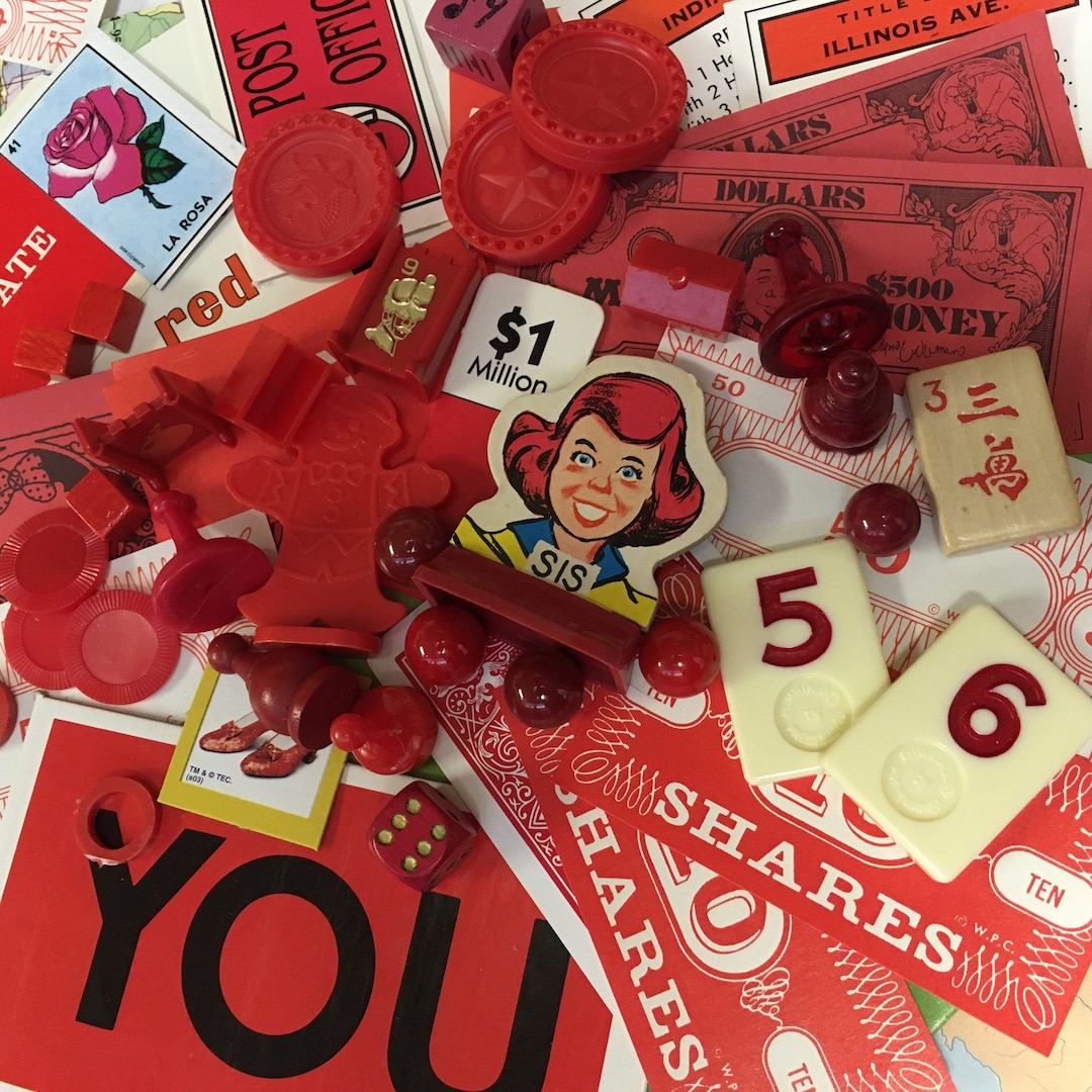 Vintage Game Pieces 40, Collage, Altered Art, Repurpose, Reuse, Assemblage, Mixed Media, Red