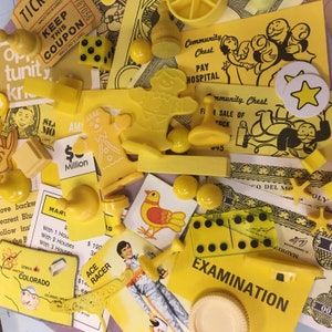 Vintage Game Pieces 40+, Collage, Altered Art, repurpose, reuse, Assemblage, Mixed Media, Yellow, Monochromatic