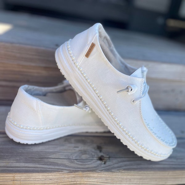 Custom White Pearl Wedding Hey Dude Shoes